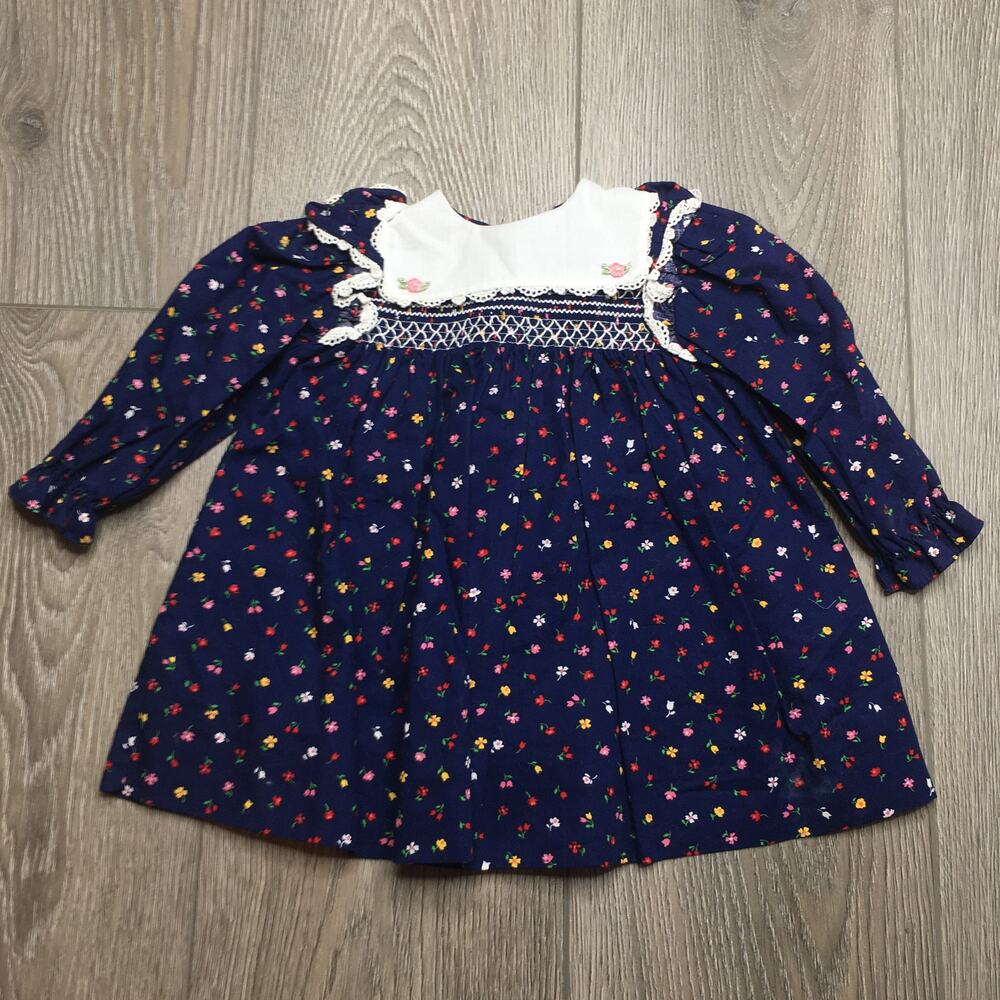 Peaches N Cream Floral Bib Eyelet Crochet Long Sleeve Dress Blue 6-9 Months
